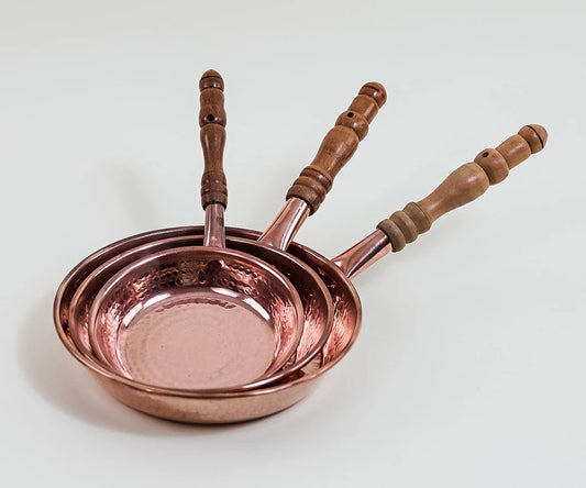 Hand-Hammered Copper Pan Set with Wooden Handles