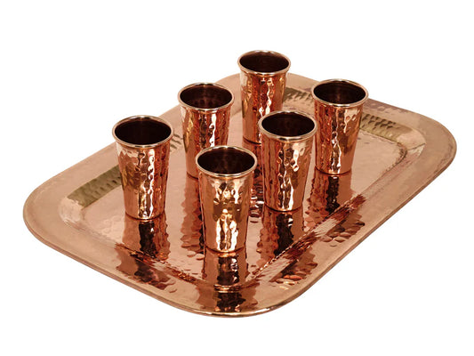 Hammered Copper Tequila Shot Set — 6 Glasses + Rectangular Tray